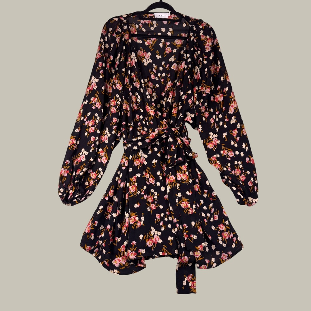 ALC 100% Silk Floral Wrap Mini Dress Black Pink Long Bishop Sleeve Size 14